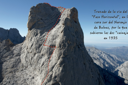 El Paso Horizontal que escalaron María Isabel y Teófila Gao, marcado sobre una foto del Picu Urriellu o Naranjo de Bulnes.
