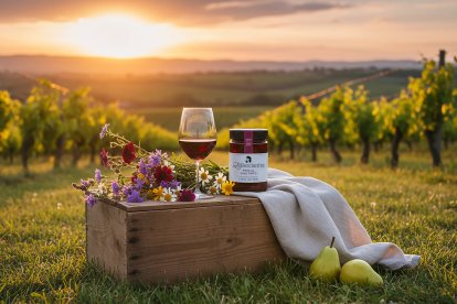 Pera al vino tinto entre viñedos bercianos: sabor de temporada con elegancia natural y luz dorada