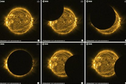 Fotografías de la Agencia Espacial Europea (ESA) del eclipse total de sol visto desde la perspectiva del satélite Proba-2, que grabó el evento acontecido el 20 de marzo de 2015, donde se muestra la secuencia de este fenómeno.