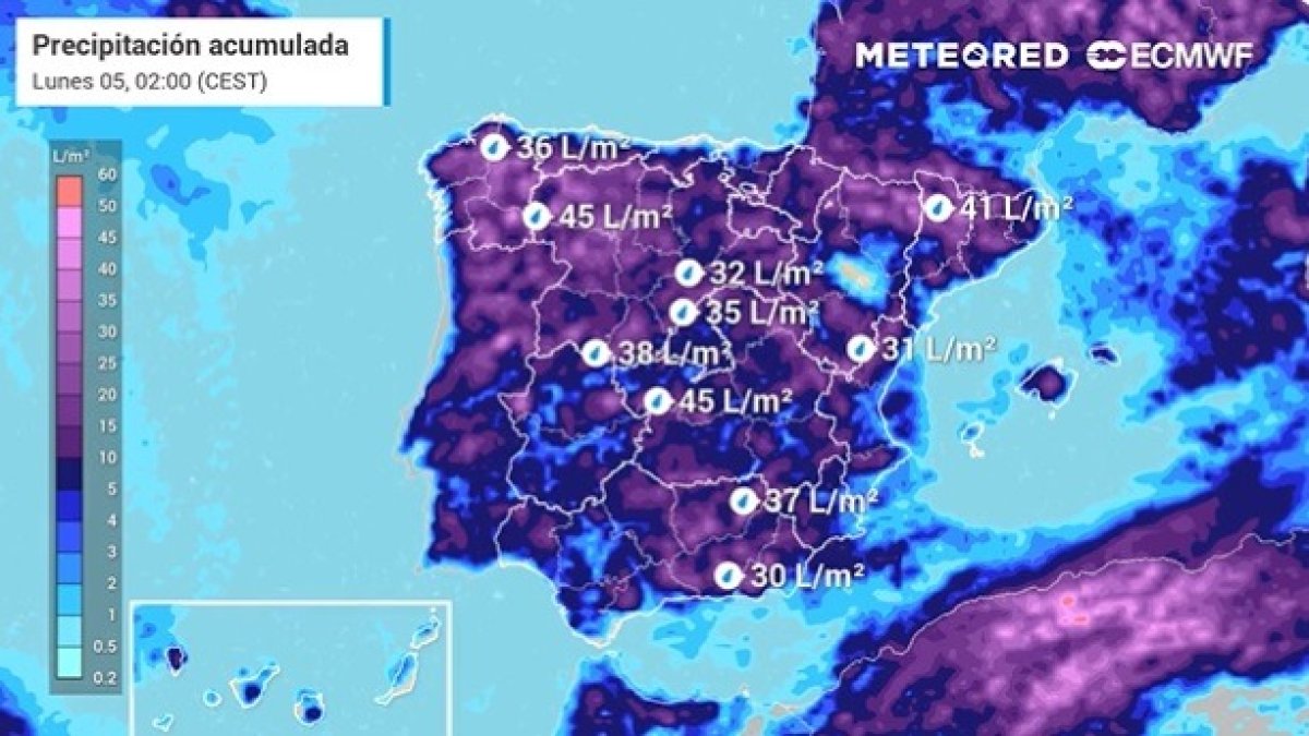 Imagen de Meteored sobre las precipitaciones previstas para los próximos días. METEORED