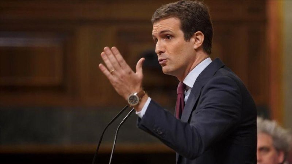 Pablo Casado, este miércoles durante su discurso en la tribuna del Congreso.