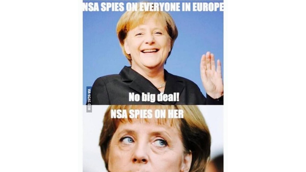 Fotomontaje de la cuenta de Twitter @Merkelscell en el que se ironiza sobre el supuesto cambio de opinión de Merkel al saber que ella estaba entre los líderes espiados.