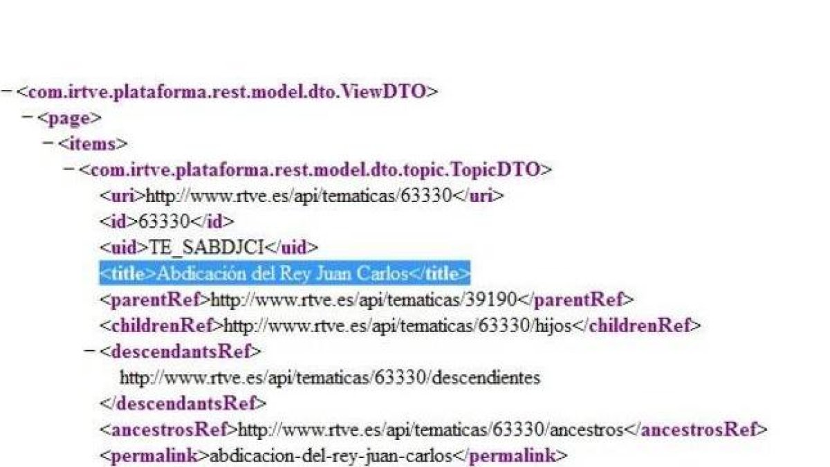 El código fuente de la web de RTVE donde se lee "Especiales/Abdicación del Rey Juan Carlos".