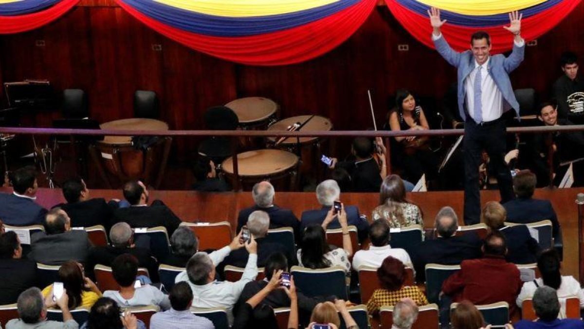 Guaidó, durante un mitin con estudiantes en Caracas, este viernes.