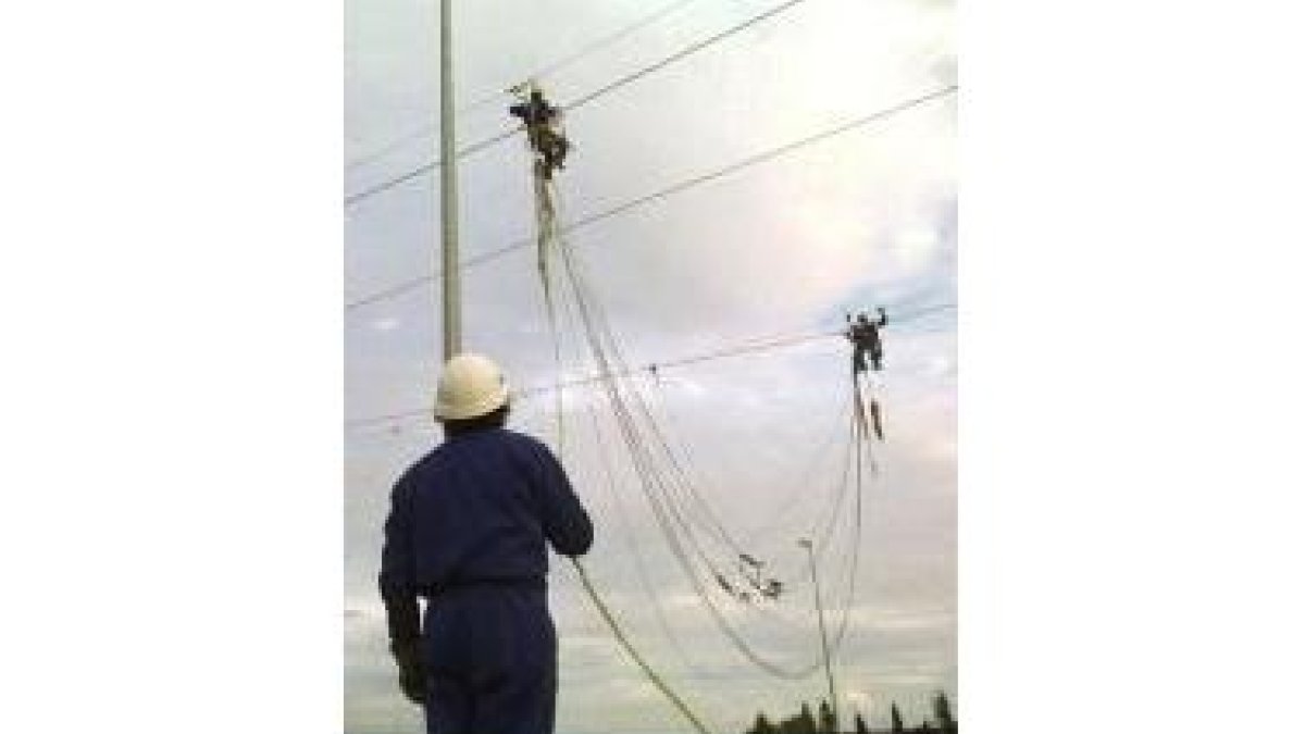 Unos operarios trabajan en una línea de alta tensión en León