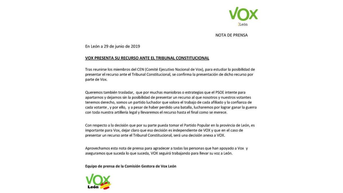 El comunicado de Vox.