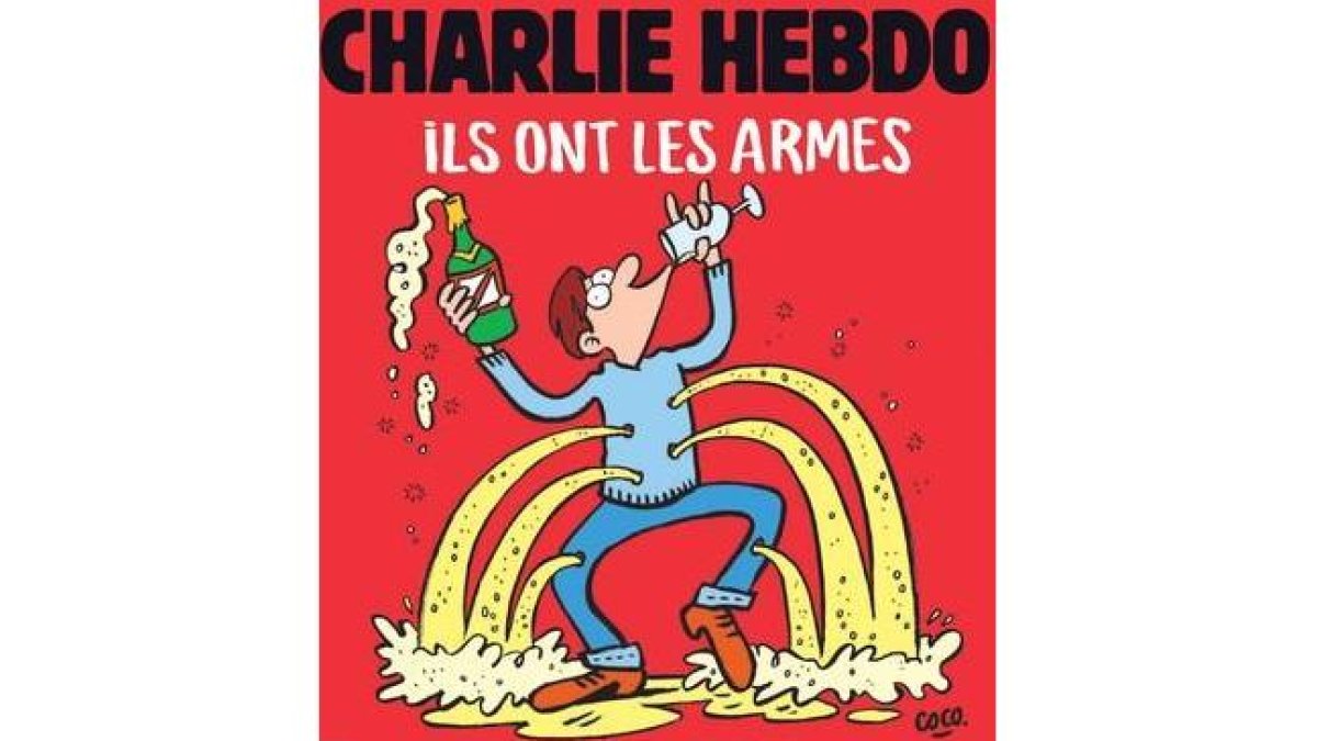Portada de la revista satírica Charlie Hebdo que se publicará este viernes. En ella se puede leer el lema: "Ellos tienen armas. Que se jodan, nosotros tenemos champán" junto a un dibujo realizado por la dibujante Coco.