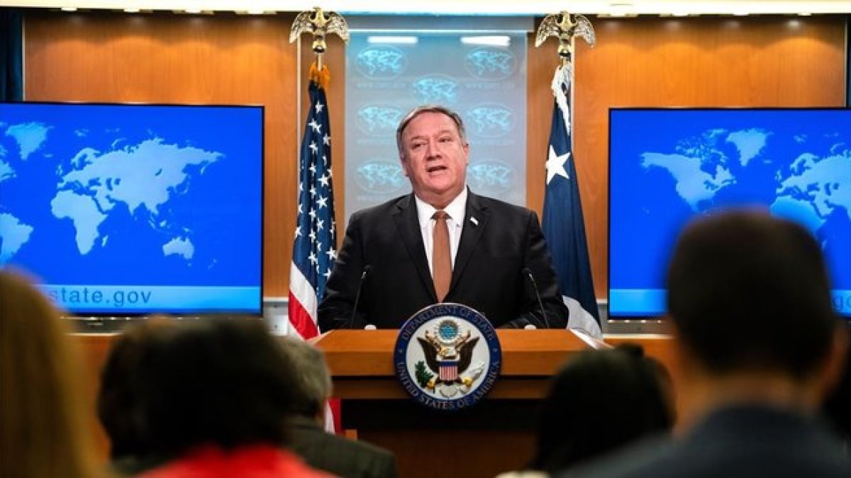 El secretario de Estado de EEUU, Mike Pompeo, durante la rueda de prensa en la que ha anunciado el veto al personal del Tribunal Penal Internacional.