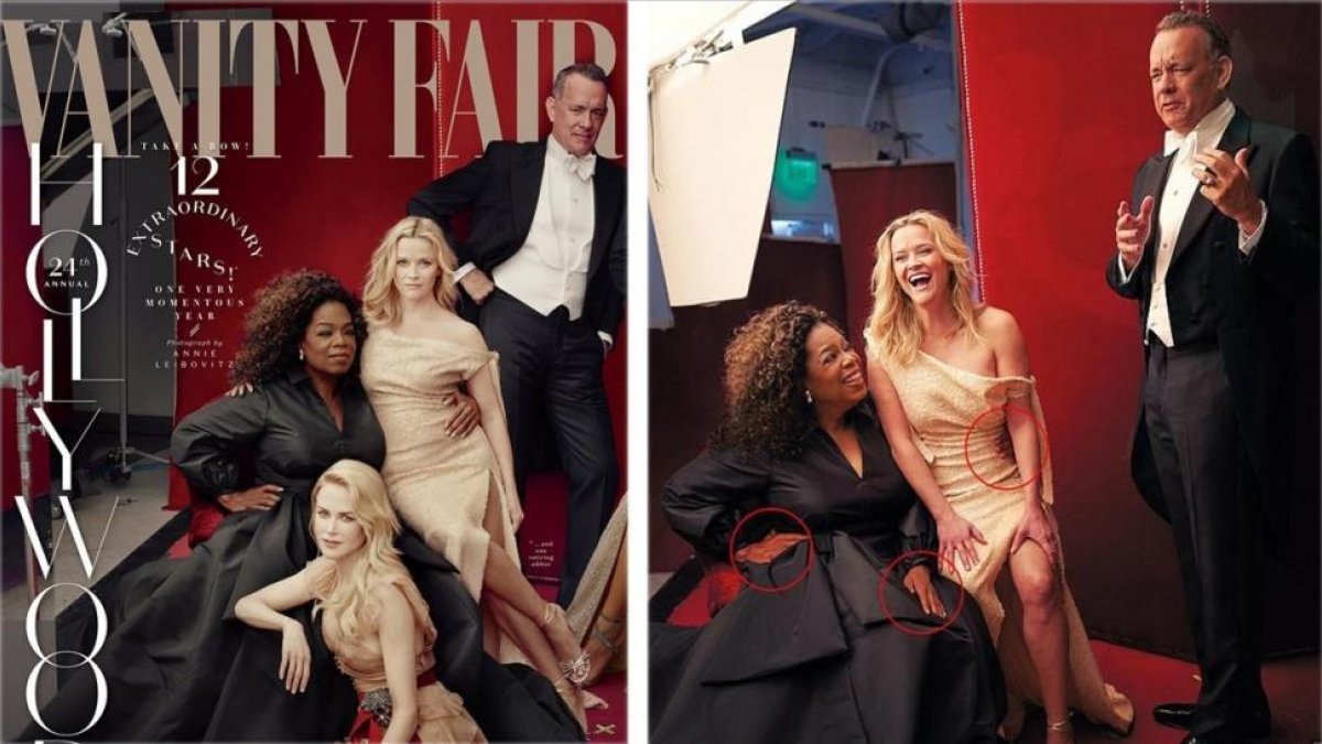 Las polémicas fotos de Vanity Fair: a la izquierda, las tres piernas de la actriz Reese Witherspoon y la única de Zendaya. Al lado, tres manos de Oprah Winfrey