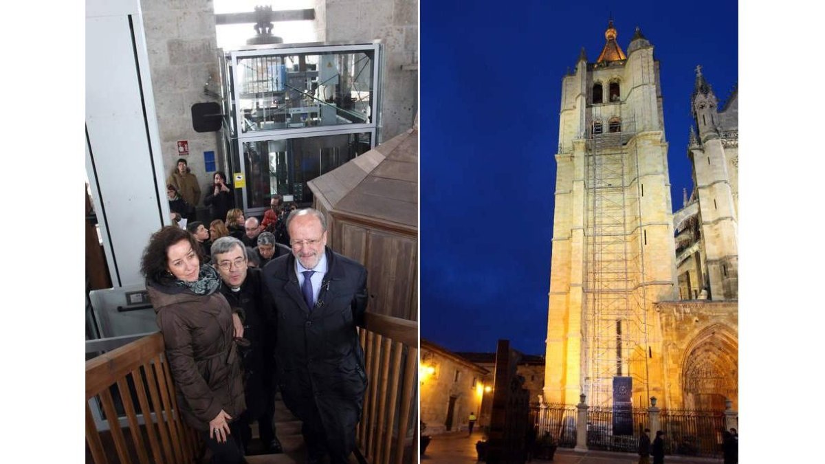 El alcalde León de la Riva inauguró ayer el ascensor de la Catedral de Valladolid. A la derecha, la Torre Norte de la Catedral de León, donde se pensó también colocar un elevador