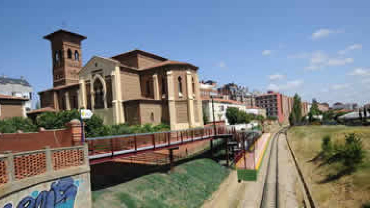 Trazado de las vías de Feve a su paso por la capital leonesa, justo detrás de la iglesia de Las Vent