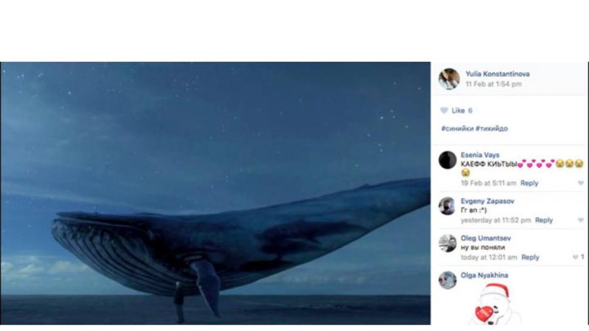 La imagen de una 'Ballena azul' en el Instagram de Yulia Konstantinova, de 15 años, que presuntamente se suicidó.