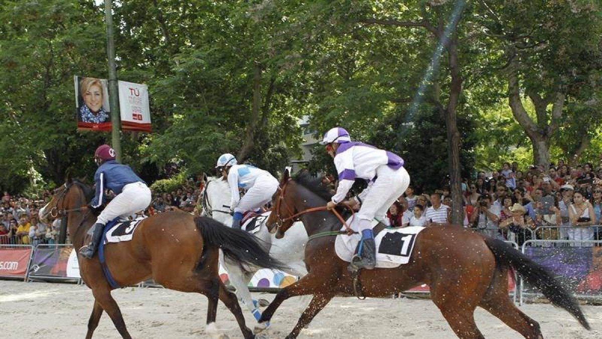 Un momento de la celebración de las carreras de caballos, esta mñana en la Castellana de Madrid.