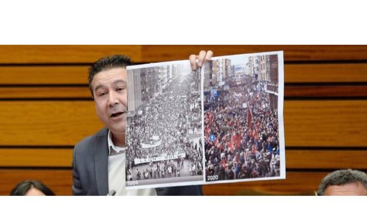 El procurador de UPL, Luis Mariano Santos (c), muestra imágenes de las manifestaciones celebradas en León en el año 1984 y en 2020. NACHO GALLEGO