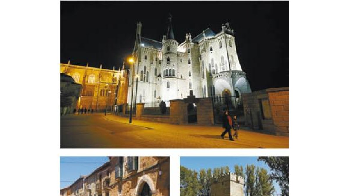 Astorga de noche, Castrillo de los Polvazares y torreón medieval en Turienzo de los Caballeros.