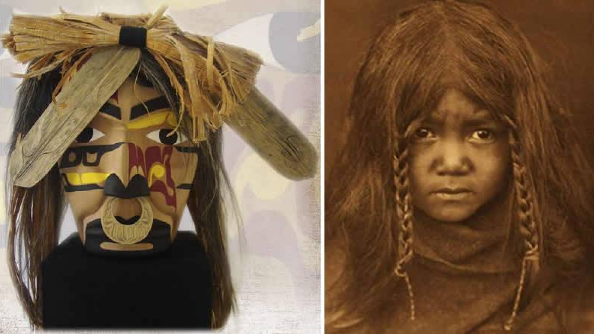 Detalle de una máscara y una de las fotografías de la exposición ‘Los espíritus hablan. El arte de los indios Makah’.