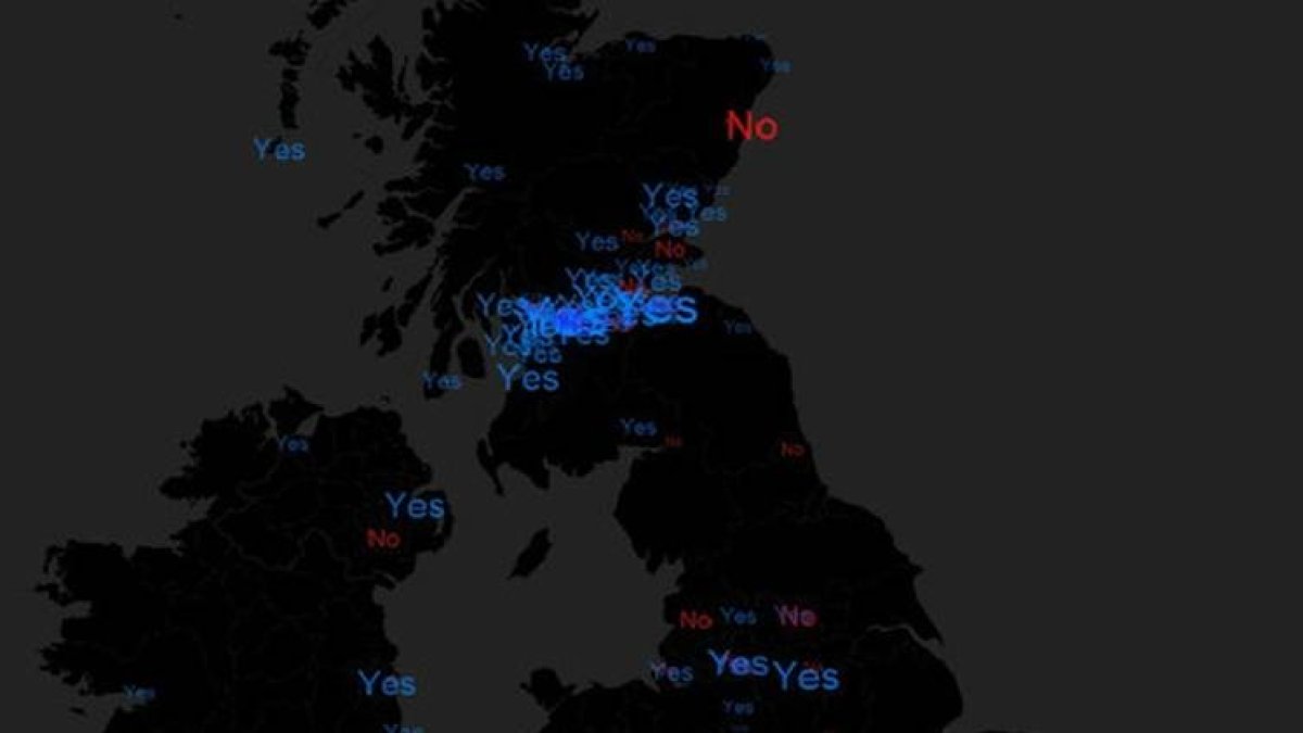 Mapa de las tendencias en Twitter con los 'tuits' favorables y en contra de la independencia de Escocia.