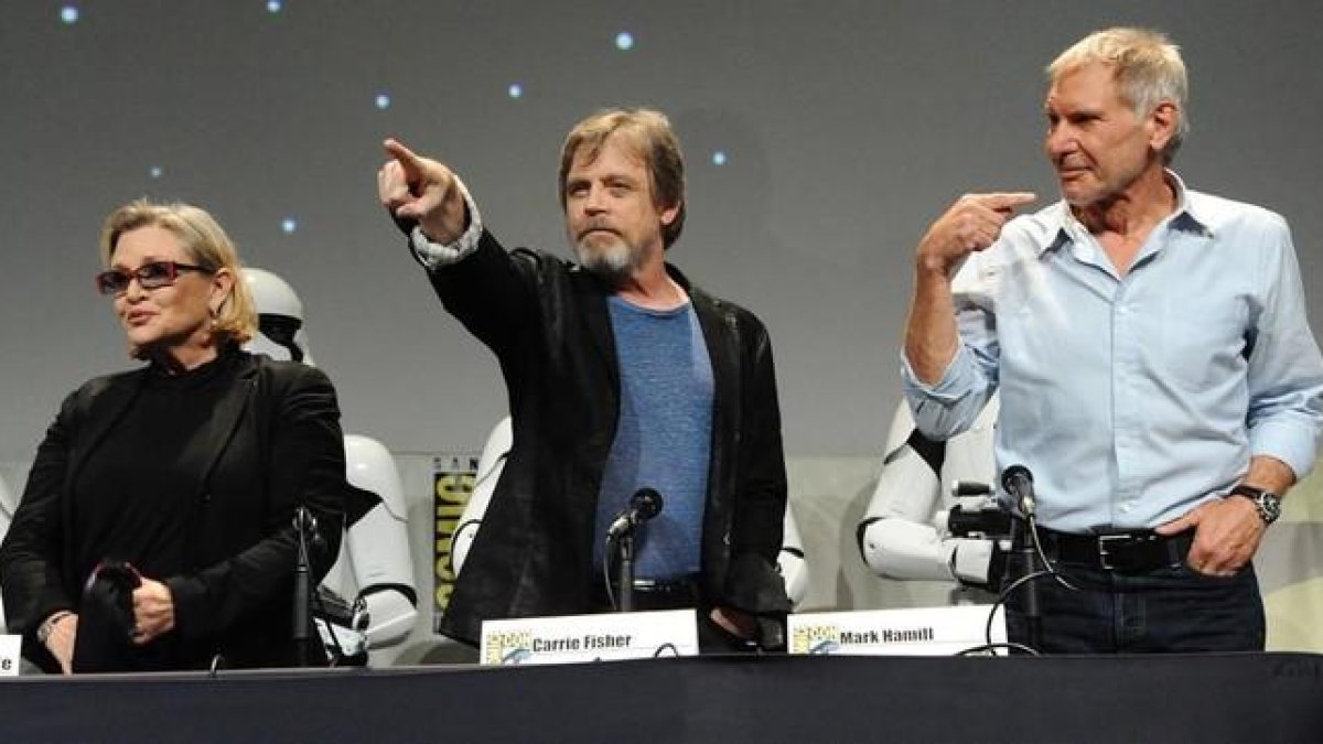 Carrie Fisher, Mark Hamill y Harrison Ford, en el Comic-Con de San Diego, en julio de este año.