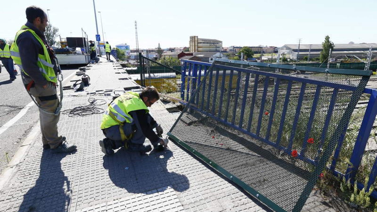 Operarios instalan las primeras pantallas de rejilla sobre el puente de la avenida de Portugal.