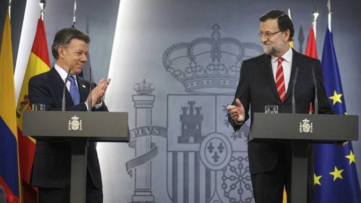 Mariano Rajoy, en su comparecencia con el presidente de Colombia, Juan Manuel Santos, este martes, 3 de marzo, en la Moncloa.