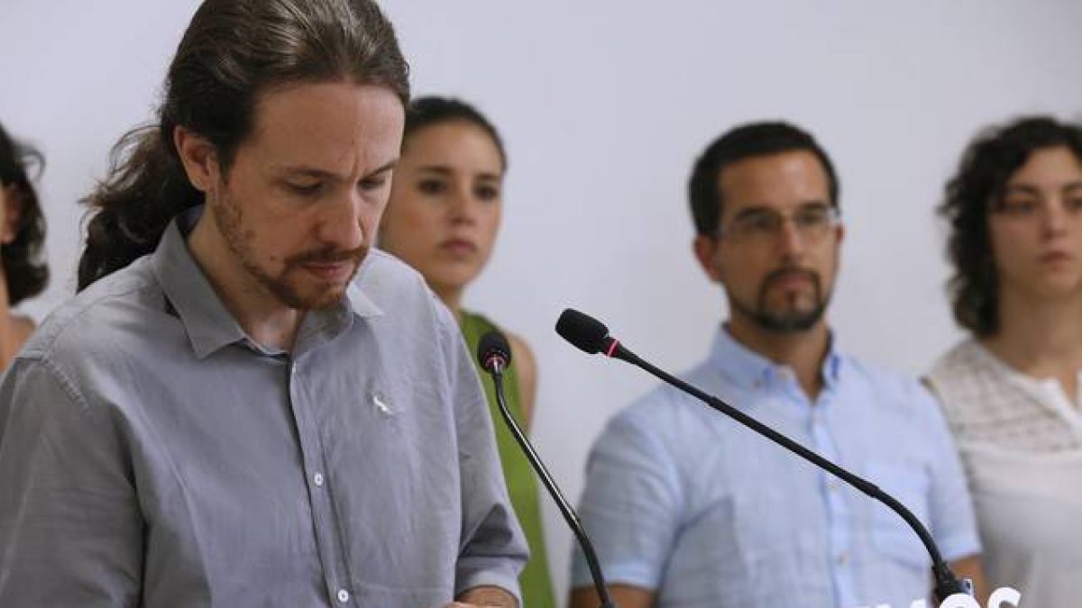 El secretario general de Podemos, Pablo Iglesias, durante la rueda de prensa de este lunes, 6 de julio, tras la reunión del órgano del consejo de coordinacion del partido.