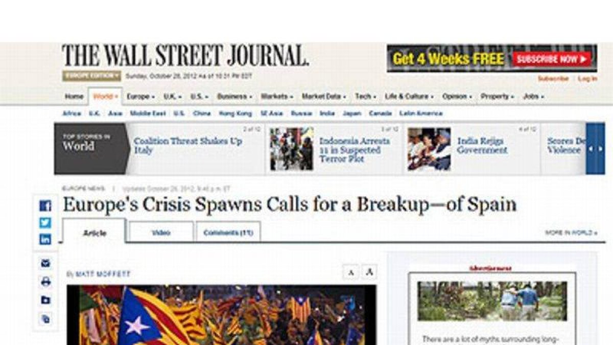 Captura de la web de 'The Wall Street Journal', con el artículo alusivo a España.