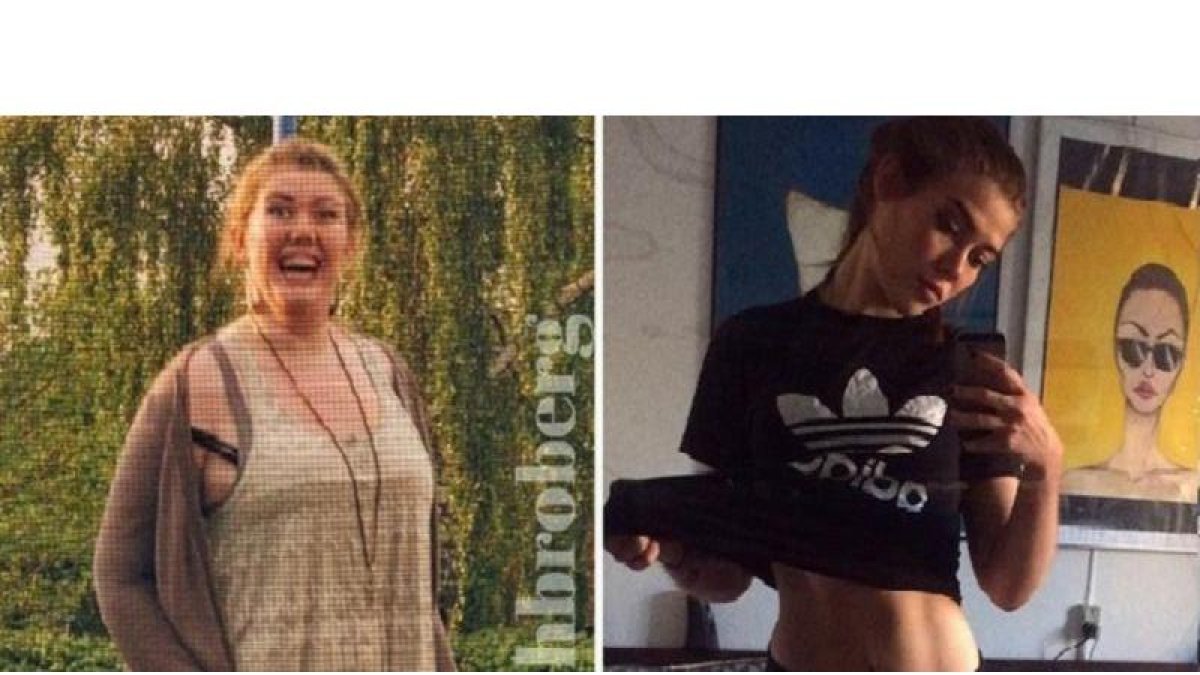 Mathilde Broberg, cuando pesaba 120 kilos, a la izquierda, y en la actualidad, con 67 kilos, a la derecha.