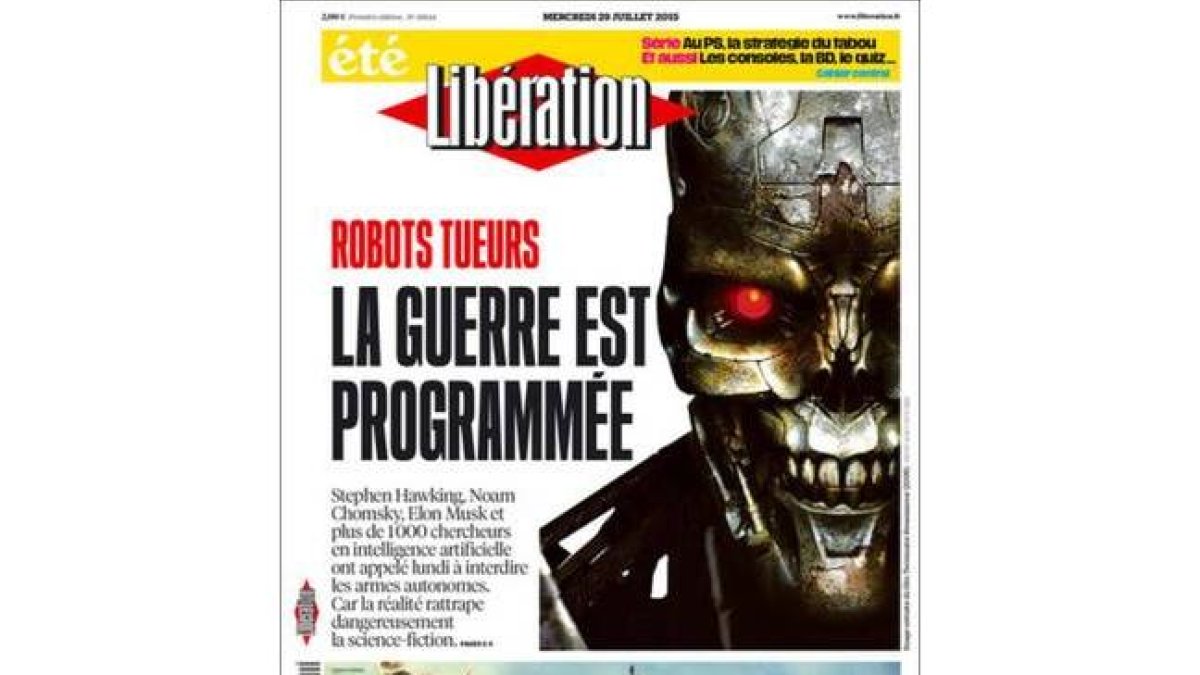 El diario francés 'Libération' ha dedicado su portada a las armas de inteligencia artificial.