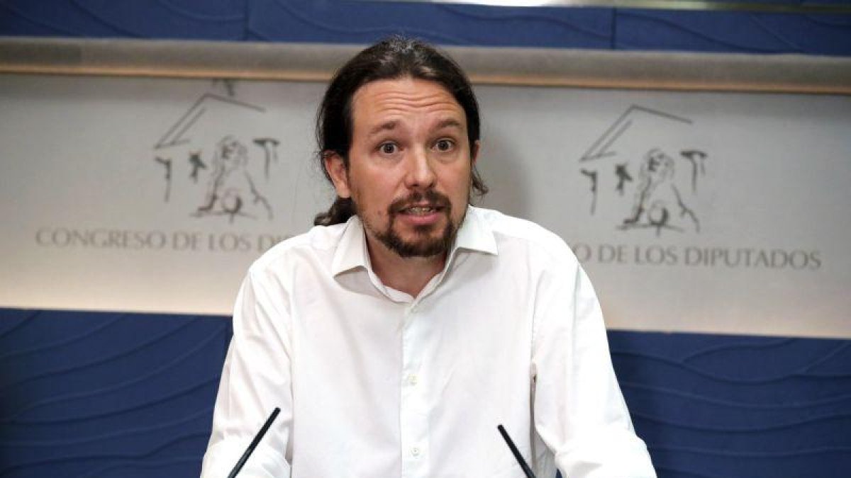 El líder de Podemos, Pablo Iglesias, durante una rueda de prensa.