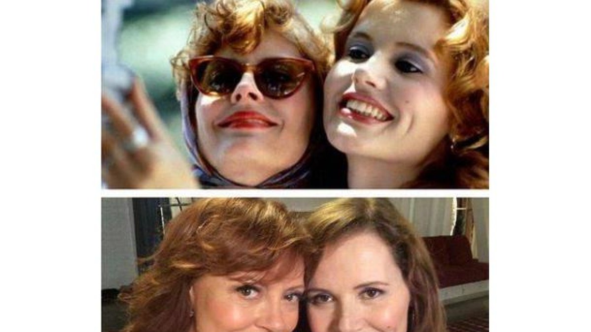 Susan Sarandon y Geena Davis, arriba, en el mítico fotograma de la película de Ridley Scott de 1991. Abajo, en la foto actualizada que las ha vuelto a unir y a 'viralizar' en internet.