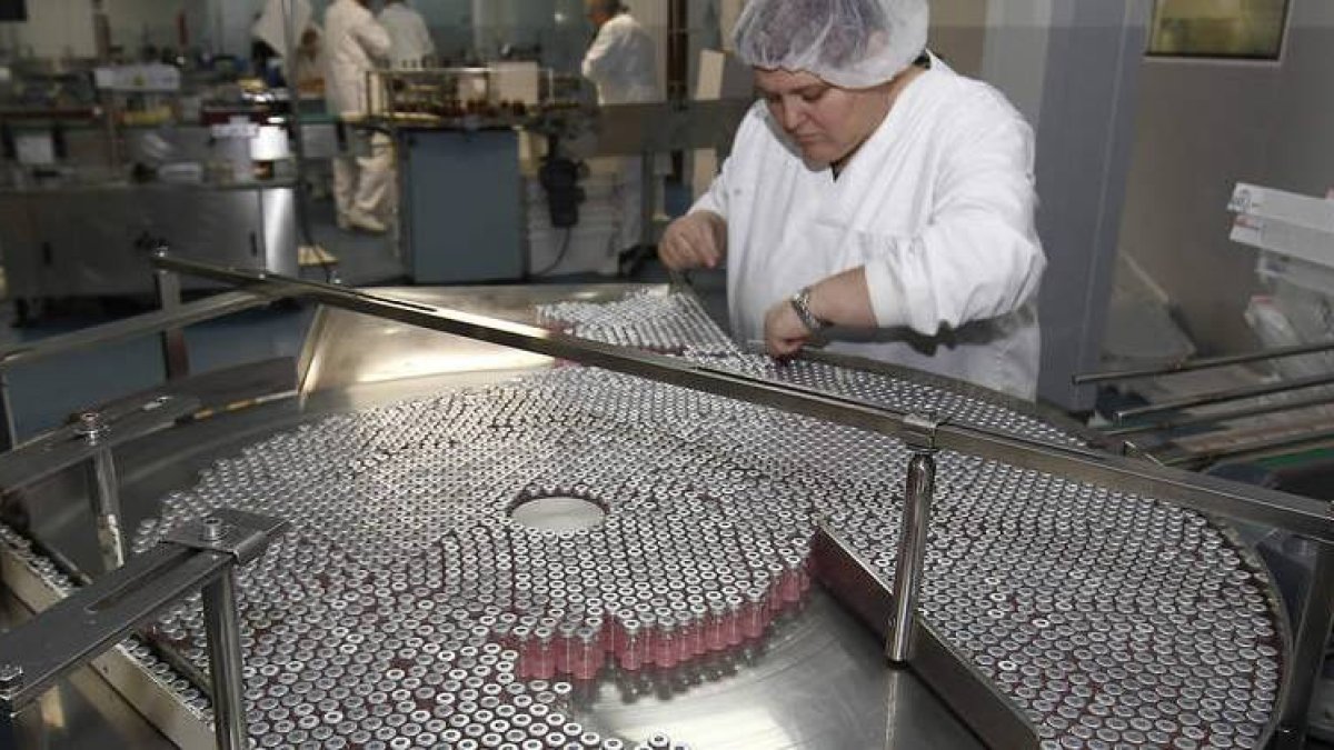 Cadena de envase de vacunas monodosis destinadas a la exportación en la factoría de Laboratorios Ovejero.