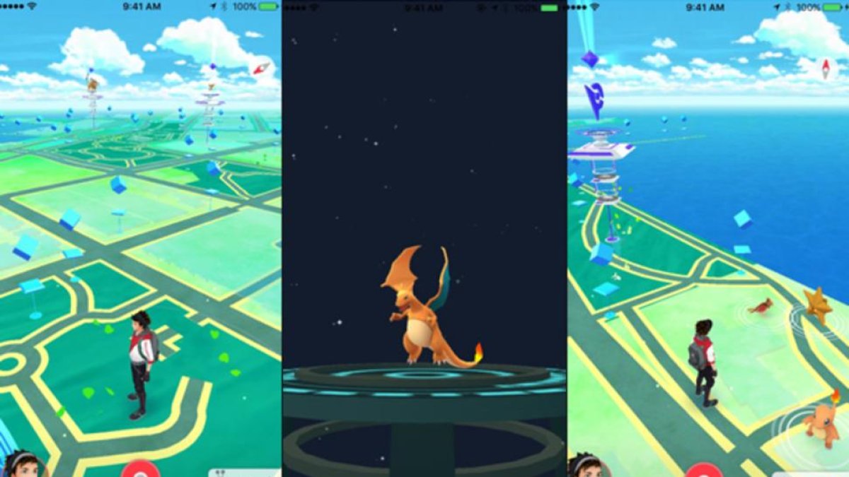 Mapa de Pokémon Go con un charizard, criatura muy popular y difícl de atrapar en el juego.
