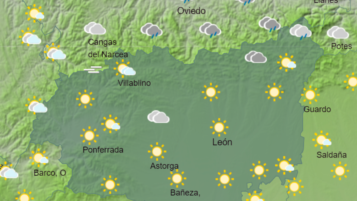 Mapa con el estado del cielo en León, según la predicción de la Agencia Estatal de Meteorología. AEMET