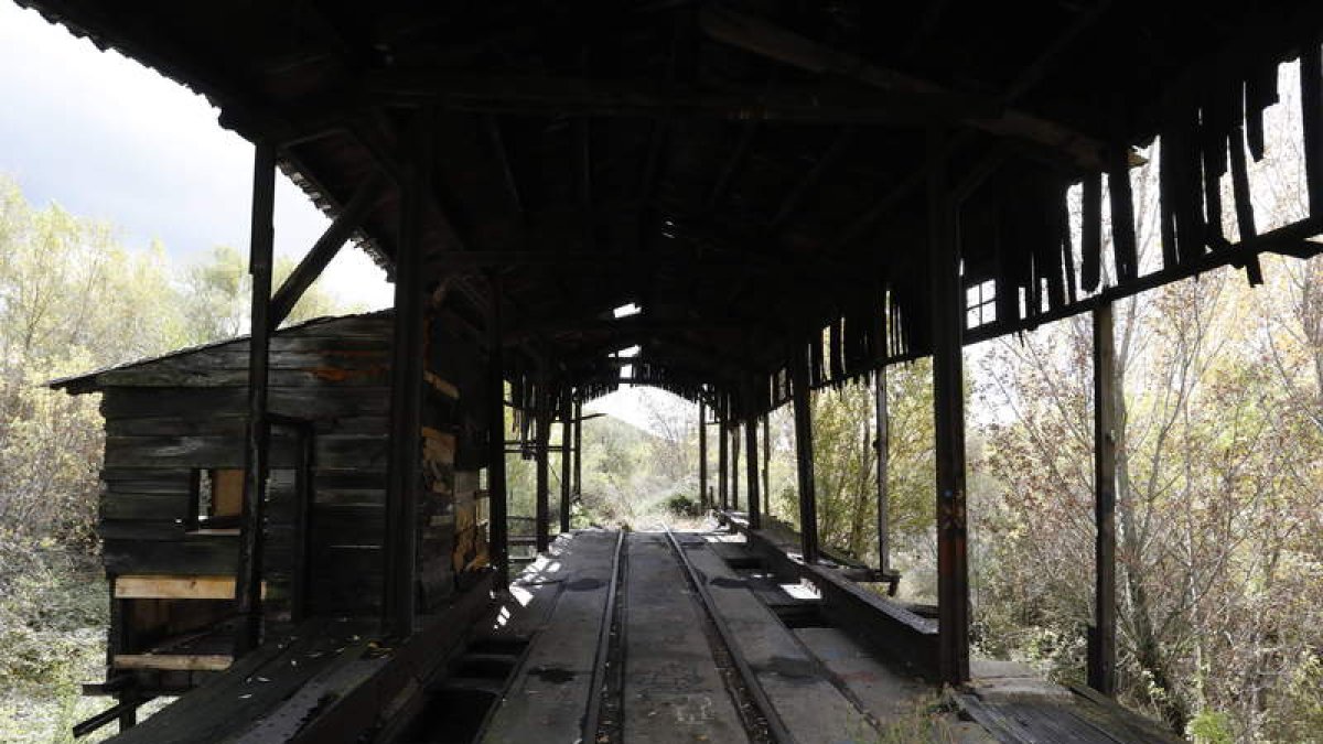 Vista del piso superior del cargadero
de carbón del Hullero en La Robla,
donde aún siguen en pie la caseta de
control y las zonas a los lados por
las que se echaba el carbón a los
vagones de la parte inferior.