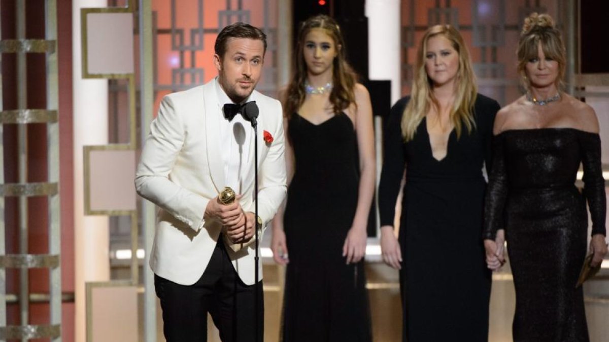 Ryan Gosling, durante su discurso de aceptación del Globo de Oro, que ha dedicado a su esposa, Eva Mendes.