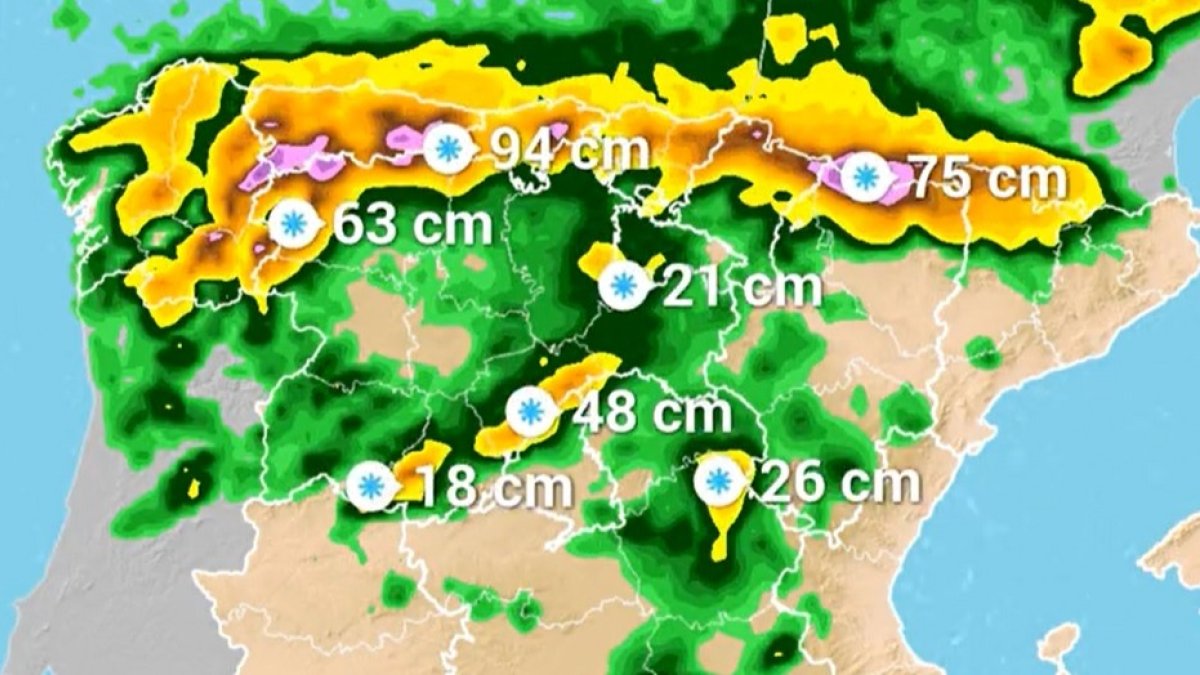 Pronóstico de Meteored para este jueves a mediodía: 94 centímetros de acumulación de nieve en la montaña oriental leonesa. METEORED