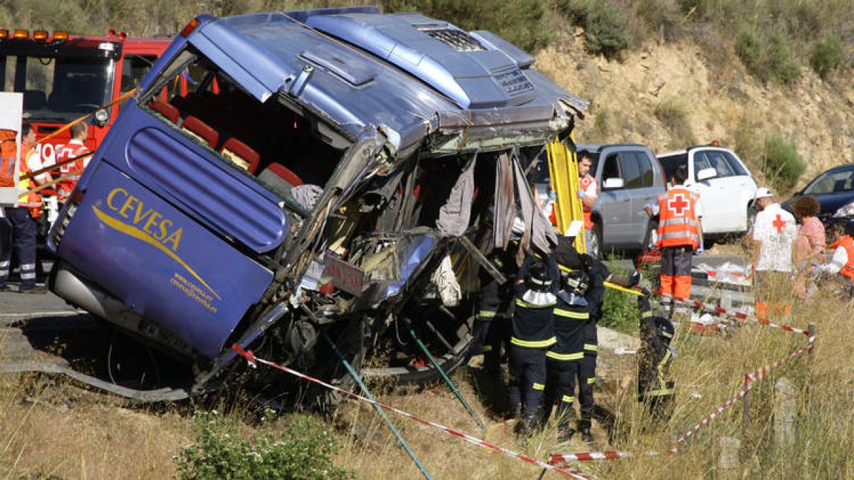 Los bomberos trabajan en la excarcelación de un cadáver del autobús en Tornadizos.