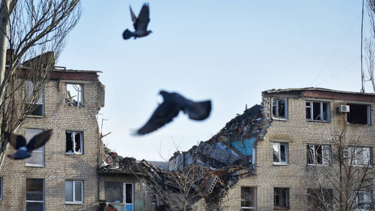 Un bando de palomas vuela frente a los restos de un bloque de apartamentos en la ciudad ucraniana de Bajmut. OLEG PETRASYUK