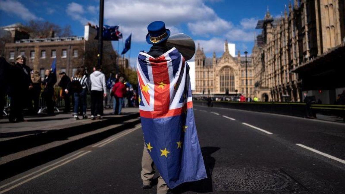 Un activistas pro Unión Europea protesta a las puertas del Parlamento en Londres.