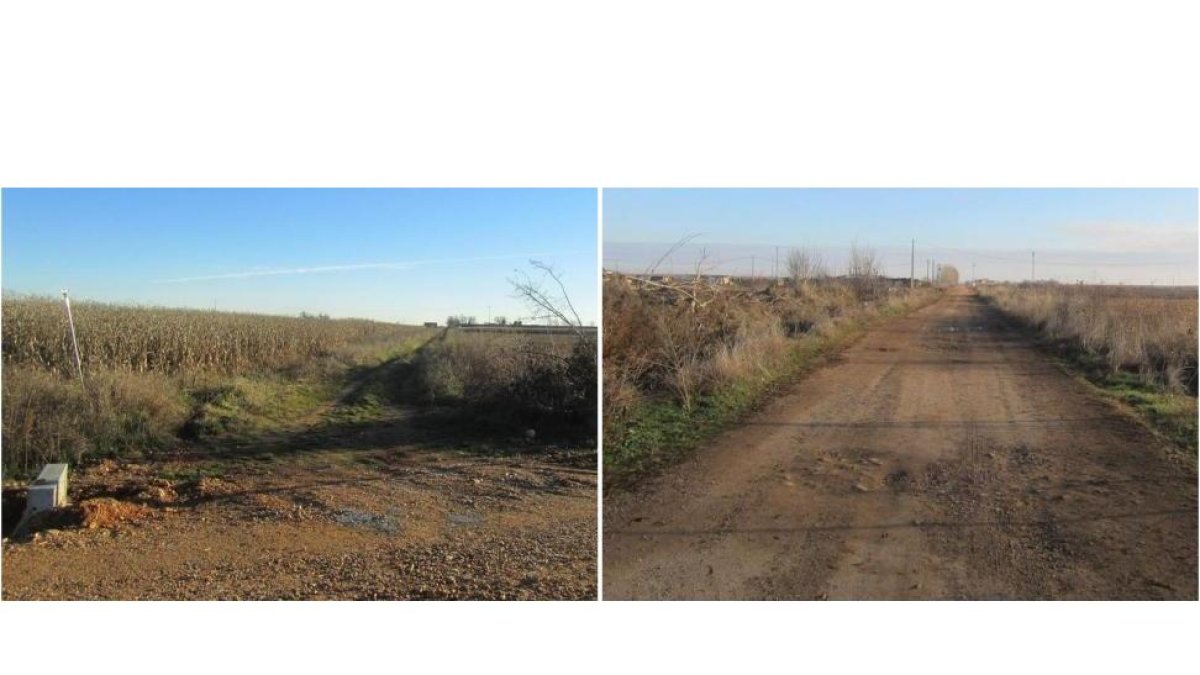 A la izquierda un camino sin ejecutar al ser considerado senda; a la derecha se aprecian los baches en otro de los caminos; ambos con piedra suelta. DL