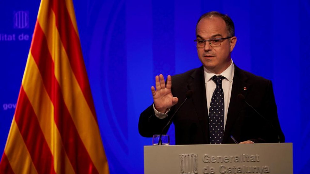 El conseller de Presidencia y portavoz de la Generalitat, Jordi Turull, durante la habitual rueda de prensa después de la reunión semanal del gobierno catalán.