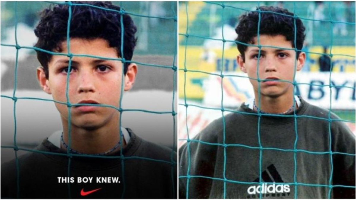 La campaña de Nike se basa en una foto de un joven Cristiano Ronaldo con una sudadera de Adidas