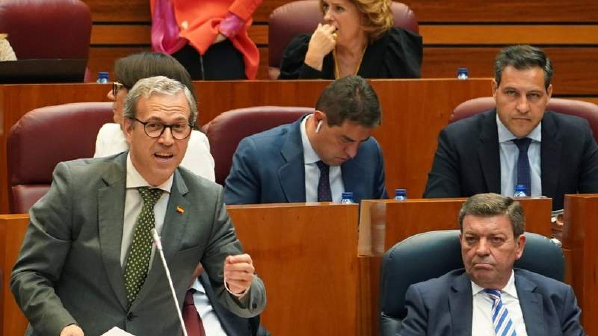 El consejero Veganzones ayer, durante su intervención en el pleno de las Cortes de CyL. RUBÉN CACHO