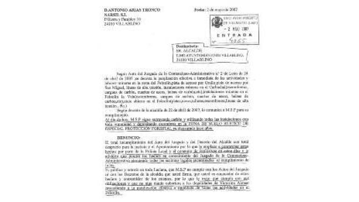 Carta que Antonio Arias Tronco registró ayer en el Ayuntamiento