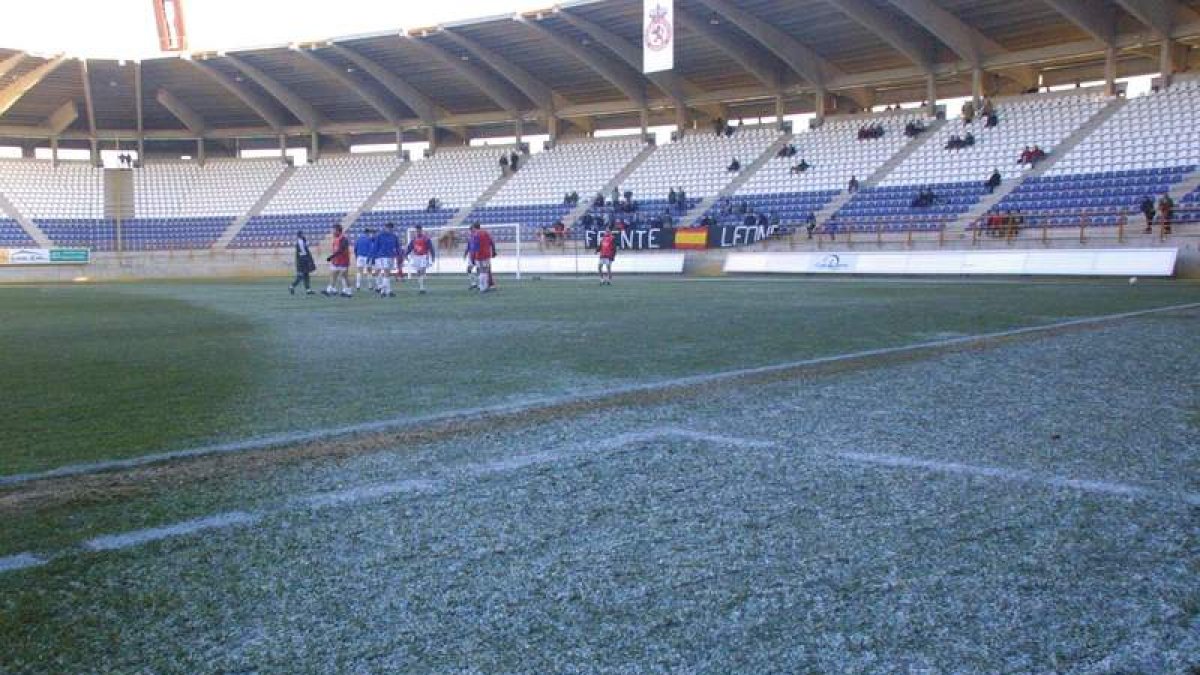 El césped del estadio Reino de León se encuentra helado en la zona del fondo sur. RAMIRO