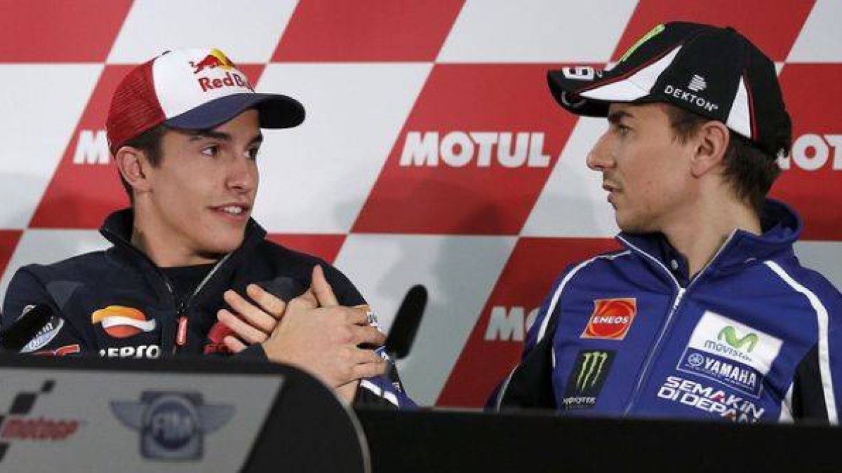 Marc Márquez y Jorge Lorenzo, durante la rueda de prensa previa la GP de Japón, en Motegi.