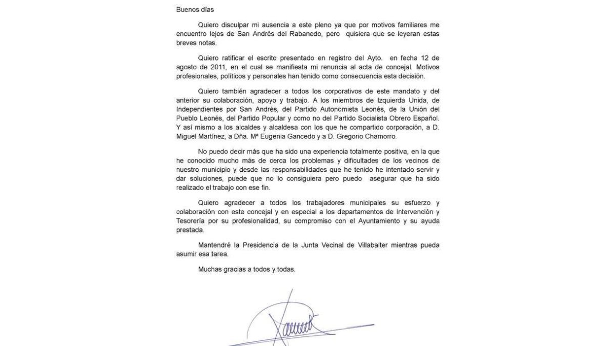 Carta remitida al Ayuntamiento por Ramón Sánchez.