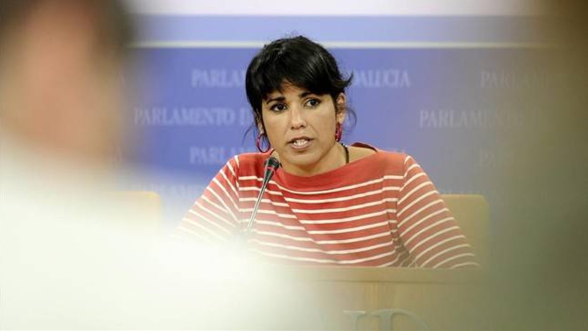 La líder de Podemos Andalucía, Teresa Rodríguez, este miércoles en una rueda de prensa.