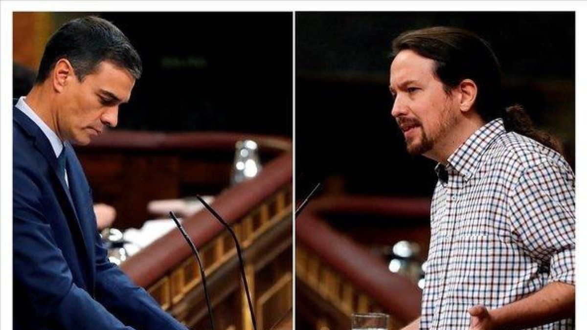 Pedro Sánchez y Pablo Iglesias, en distintos momentos del frustrado debate de investidura de la semana pasada.