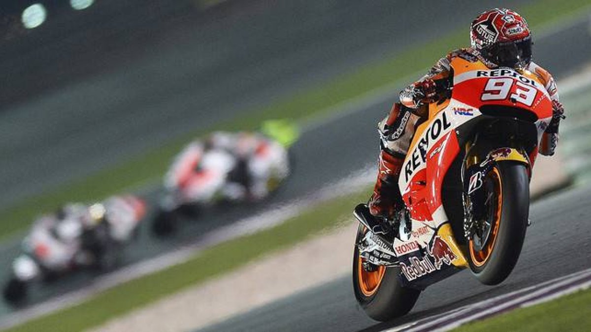 La Honda de Marc Márquez, durante los entrenamientos del GP de Catar, en Doha, este viernes.